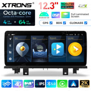 QLB22EVB12X1N 12,3-Zoll-Octa-Core-Autoradio mit 4 GB RAM und 64 GB SSD-Speicher, globalem 4G LTE-Netz und Android 14-Betriebssystem sowie volllaminiertem Display für BMW X1 F48/X2 F39 NBT EVO System