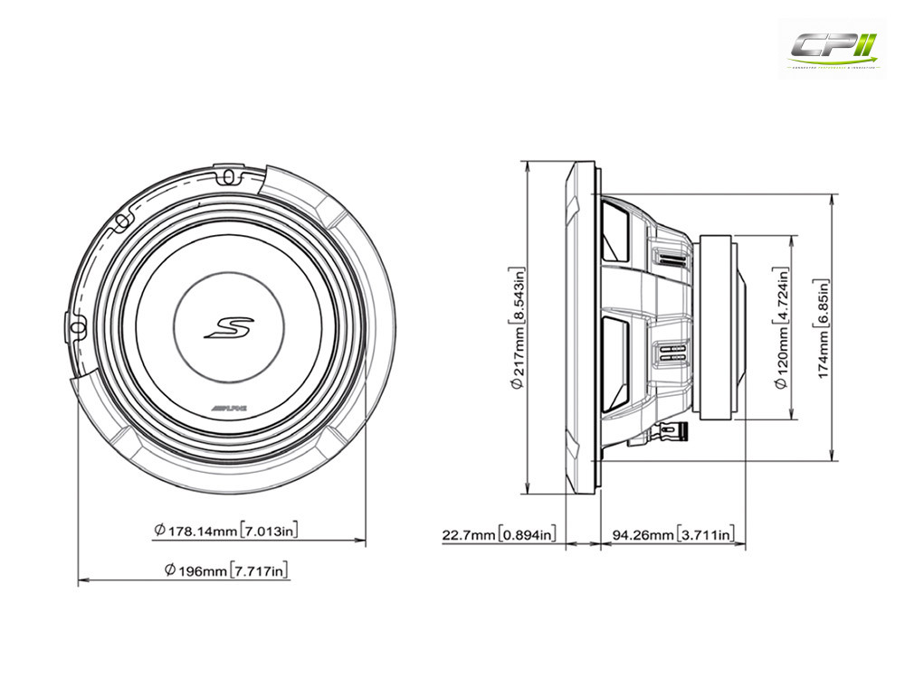Alpine S2-W8D4 S-Series 20 cm (8-Zoll) Subwoofer mit 4 Ohm Doppelschwingspule – S2-W8D4-06 CPII