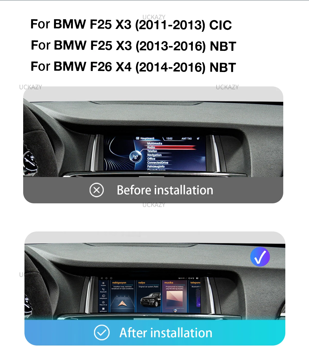 Uckazy 6gb 128gb android 14 auto multimedia player für bmw x3 f25 für bmw x4 f26 radio audio stereo bildschirm gps navigations kopf einheit f25 carplay 4g wifi ips dsp 8 core