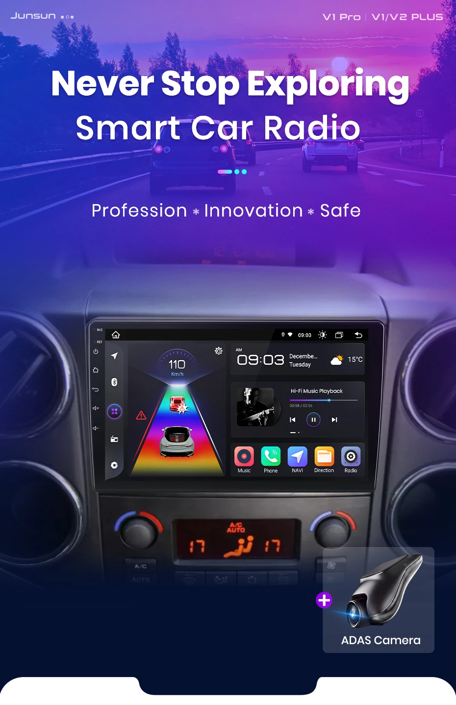 Junsun Wireless Carplay Android Auto Autoradio für Citroen Berlingo B9 Peugeot Partner 2008-2019 GPS Multimedia 2 Din