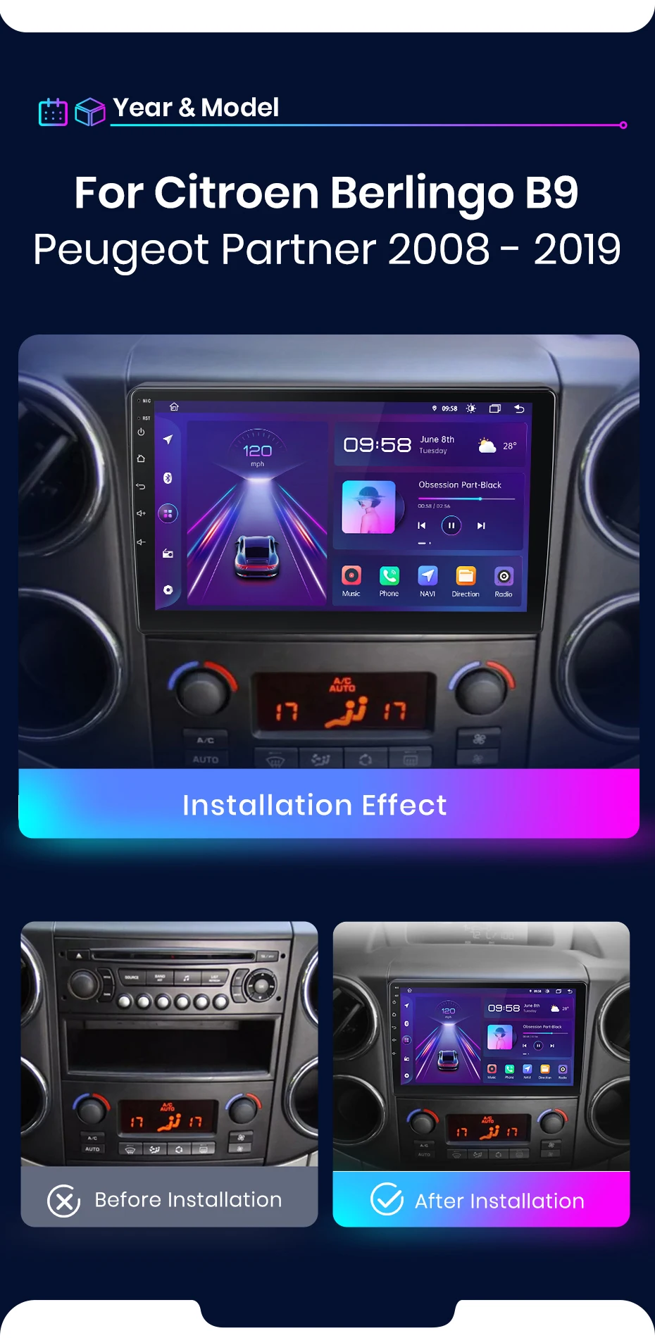 Junsun Wireless Carplay Android Auto Autoradio für Citroen Berlingo B9 Peugeot Partner 2008-2019 GPS Multimedia 2 Din