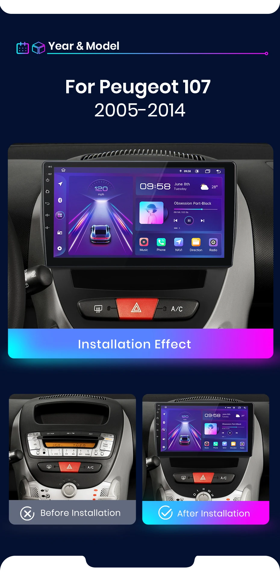 Junsun Carplay Android Auto Autoradio für Peugeot 107 Toyota Aygo Citroen C1 2005-2014 360 Kamera RDS BT DSP 2 Din Autoradio