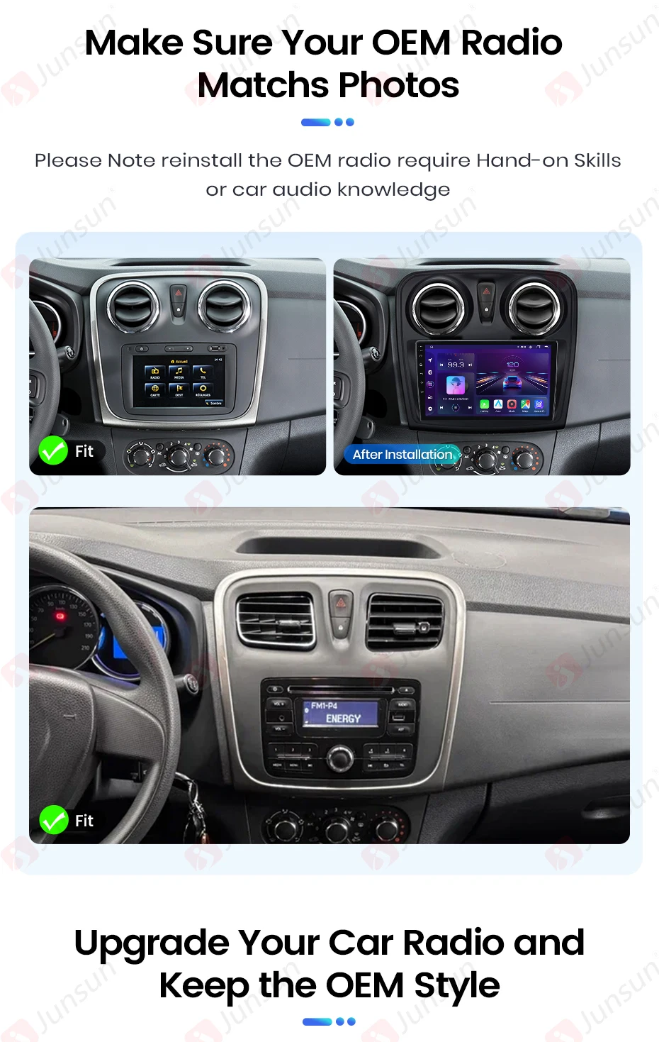 Junsun CarPlay Android Auto Autoradio für Renault Logan 2 Sandero 2012–2019 GPS Intelligente Systeme Stereo Multimedia Autoradio