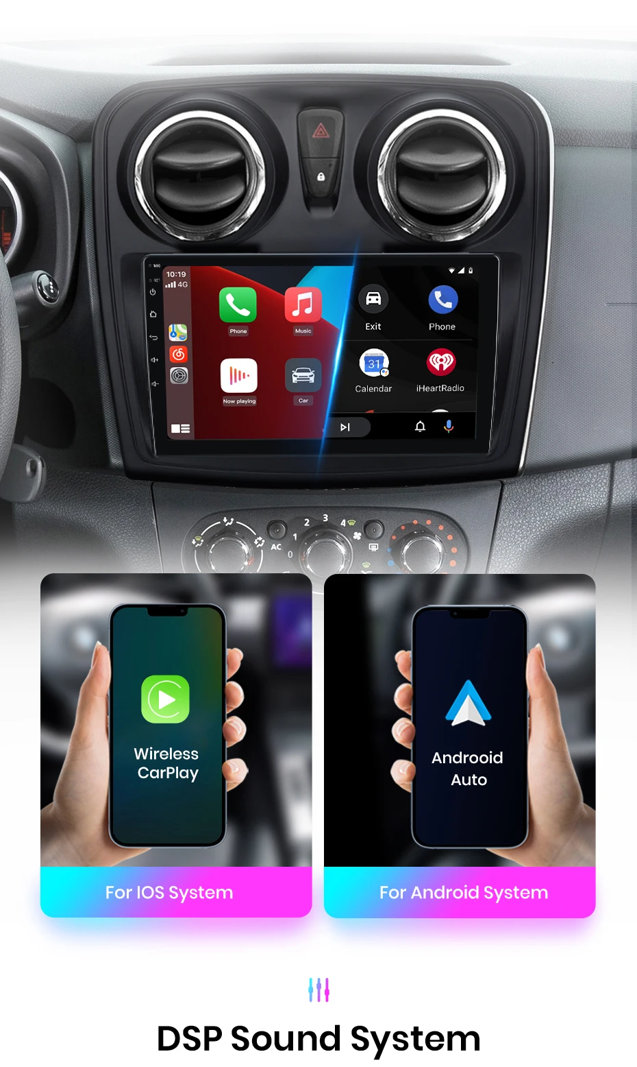 Junsun CarPlay Android Auto Autoradio für Renault Logan 2 Sandero 2012–2019 GPS Intelligente Systeme Stereo Multimedia Autoradio
