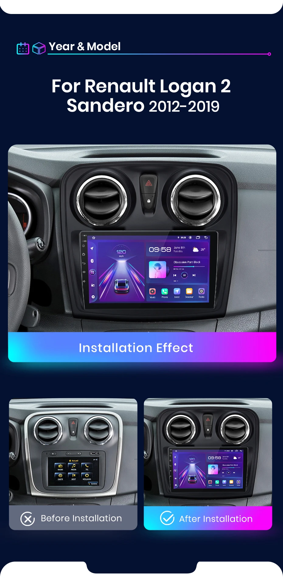 Junsun CarPlay Android Auto Autoradio für Renault Logan 2 Sandero 2012–2019 GPS Intelligente Systeme Stereo Multimedia Autoradio