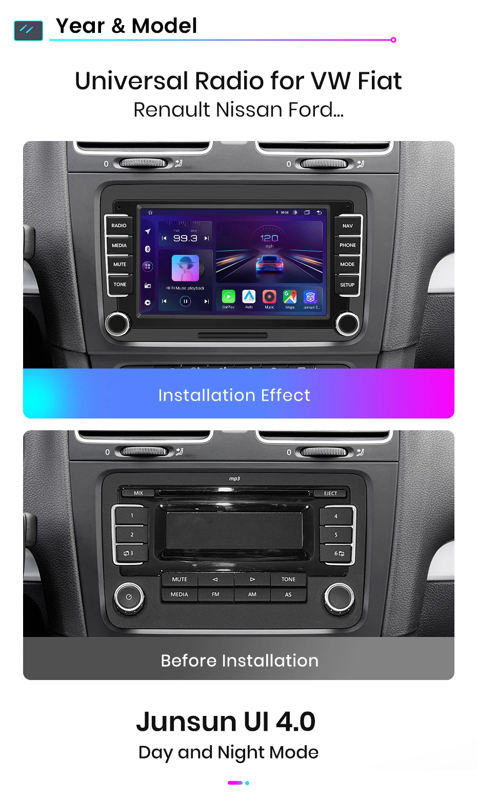 Junsun 7 9 10 Zoll Universal-Autoradio für Volkswagen VW Passat B6 B7 T5 Tiguan Touran GOLF POLO Wireless CarPlay Android Auto