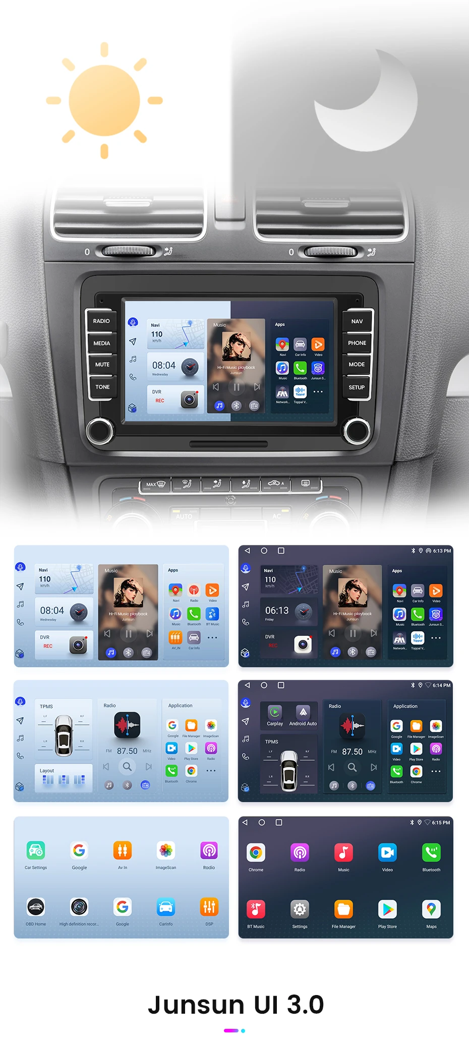 Junsun 7 9 10 Zoll Universal-Autoradio für Volkswagen VW Passat B6 B7 T5 Tiguan Touran GOLF POLO Wireless CarPlay Android Auto