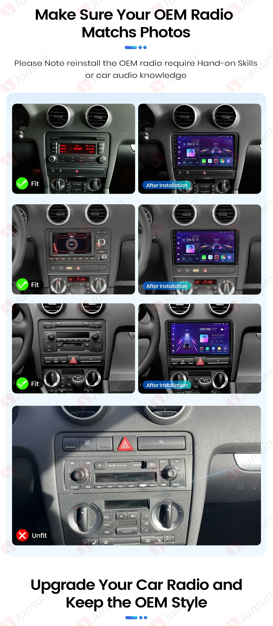 Junsun Drahtlose CarPlay Android Auto Auto Radio Für Audi A3 8P 2003 2005-2013 GPS Multimedia 2 din systeme Stereo