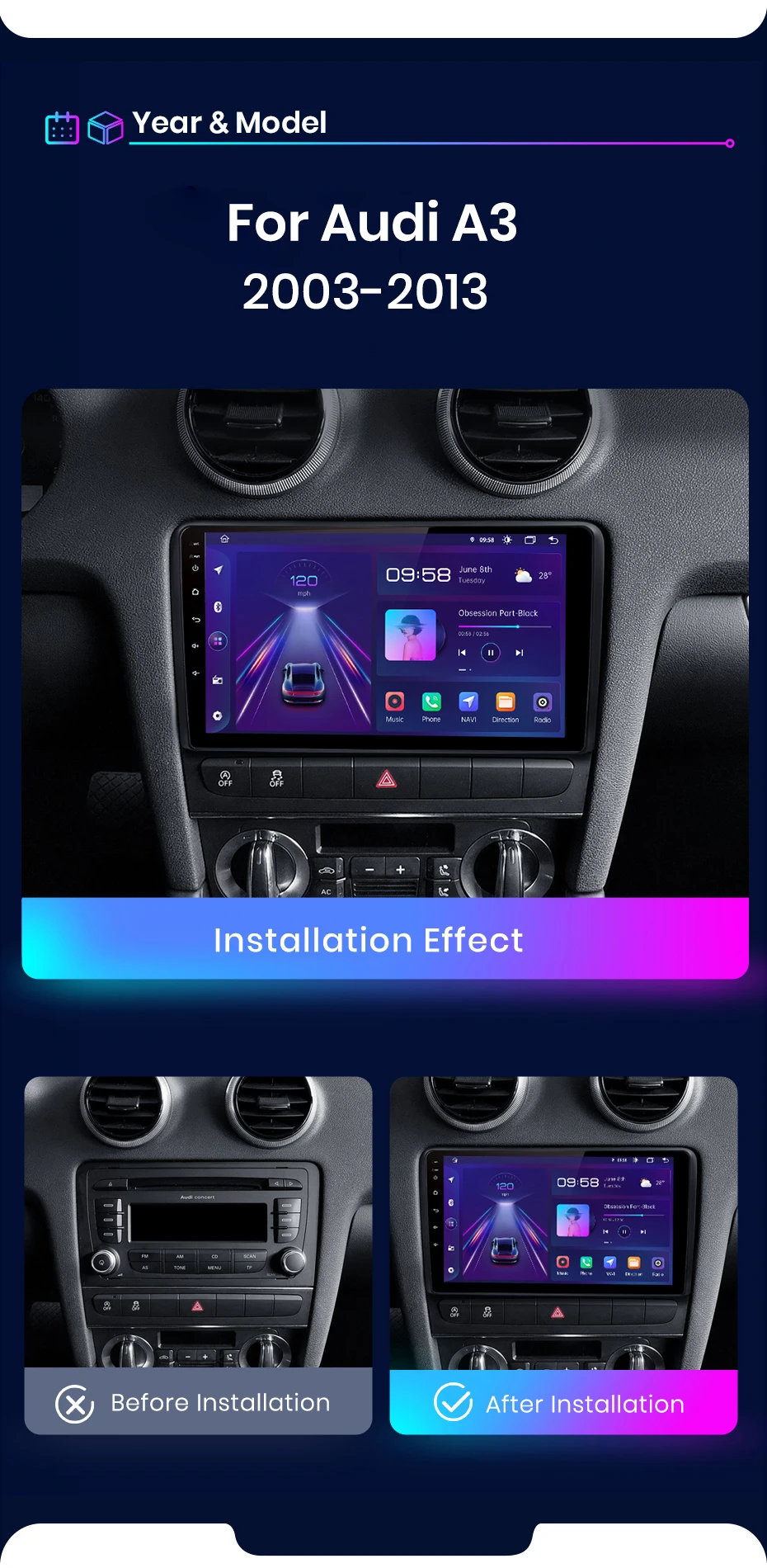 Junsun Drahtlose CarPlay Android Auto Auto Radio Für Audi A3 8P 2003 2005-2013 GPS Multimedia 2 din systeme Stereo