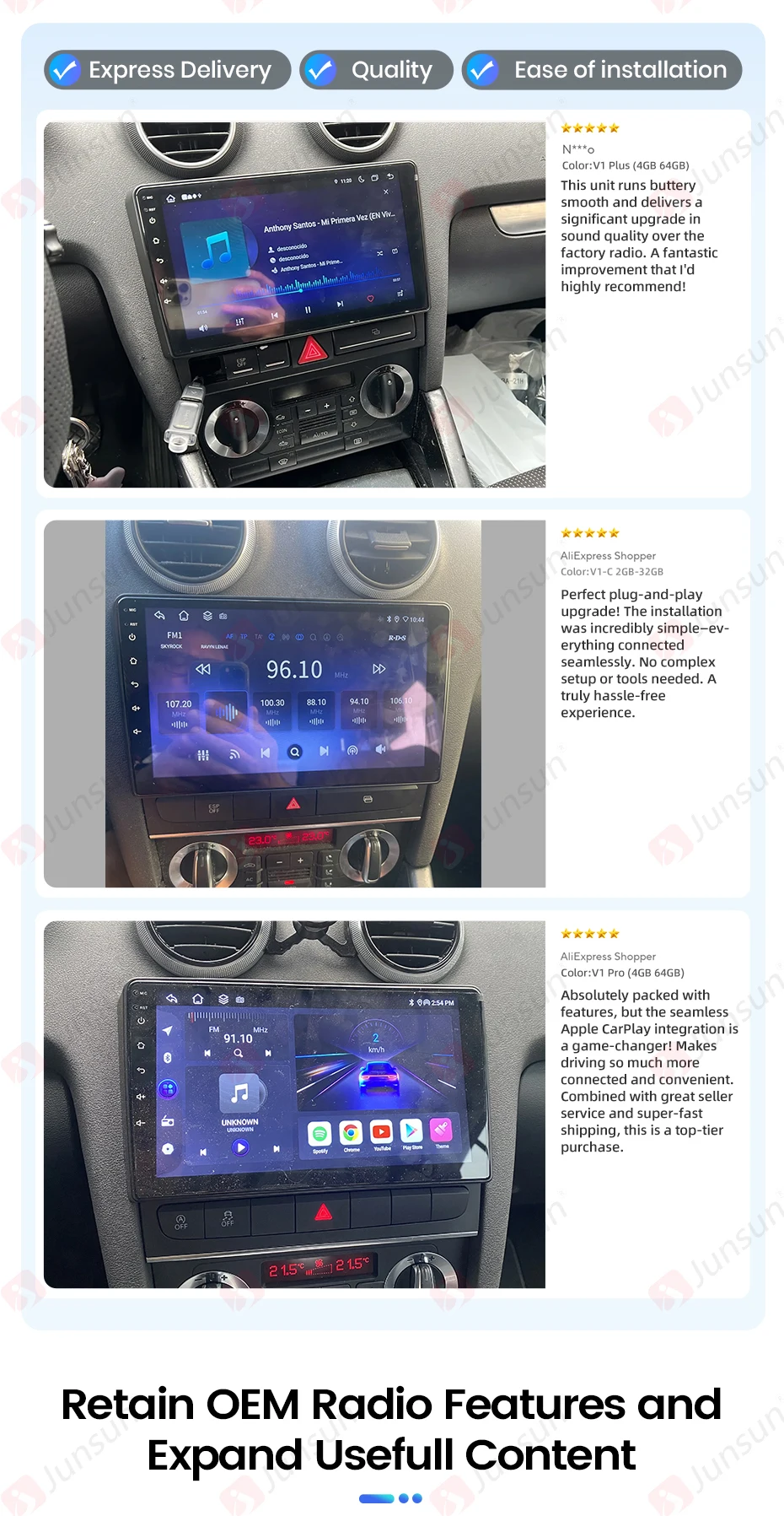 Junsun Drahtlose CarPlay Android Auto Auto Radio Für Audi A3 8P 2003 2005-2013 GPS Multimedia 2 din systeme Stereo
