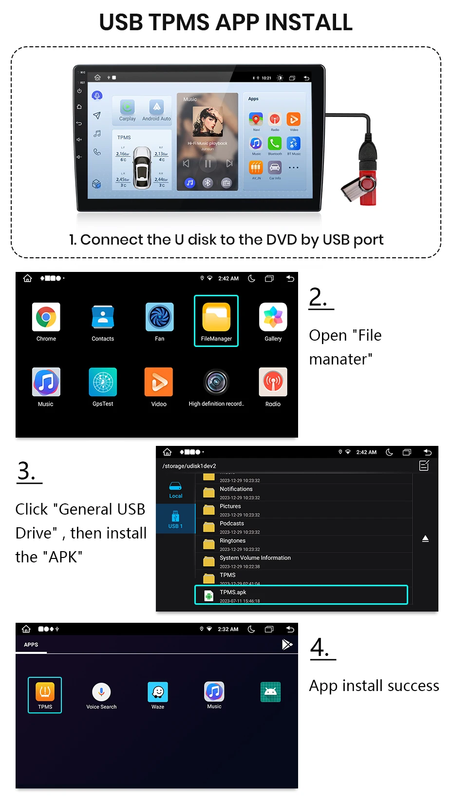 Junsun usb reifendruck überwachung alarmsystem tpms mit 4 internen sensoren für auto dvd player navigation autozubehör
