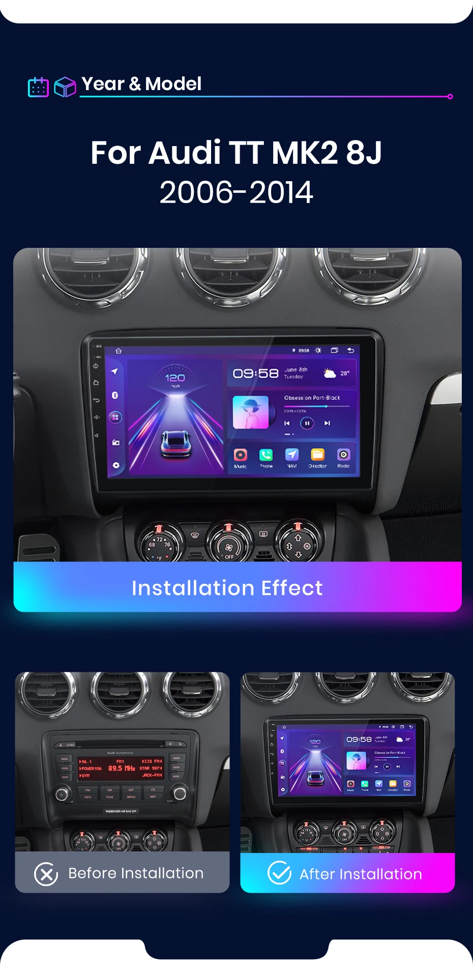 Junsun kabelloses carplay android auto autoradio für audi tt mk2 8j 2006-2014 gps multimedia 2 din