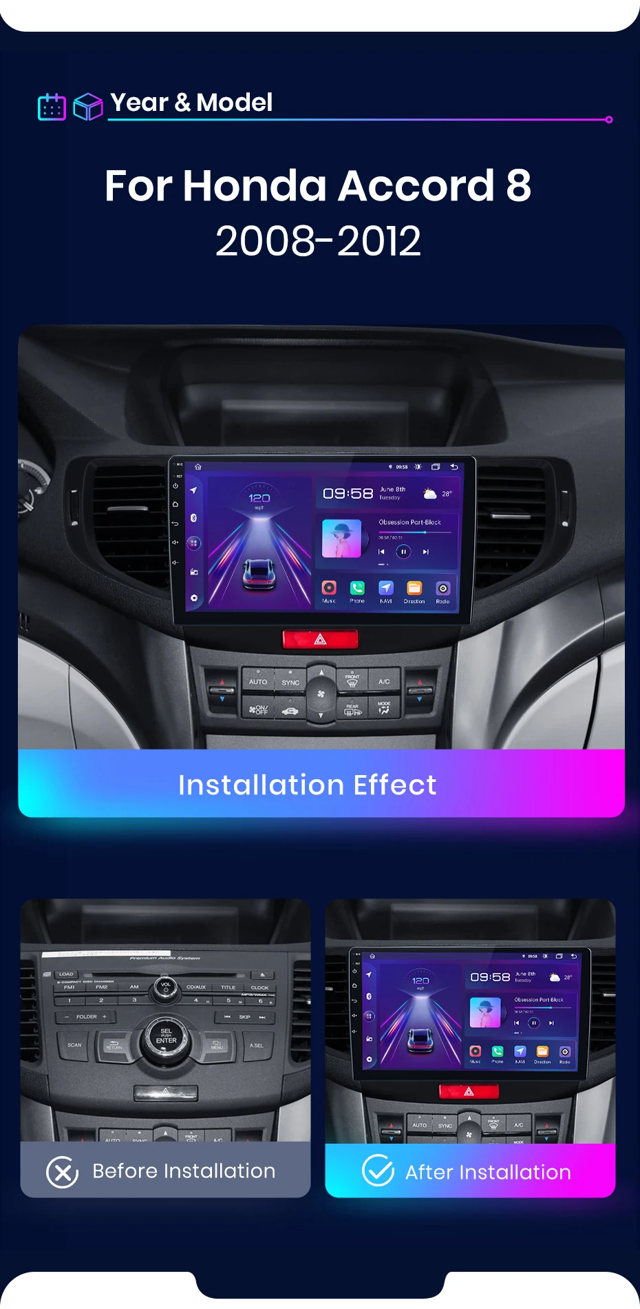 Junsun Wireless Carplay Android Auto Autoradio für Honda Accord 8 2013-2016 GPS intelligente Systeme Stereo Multimedia Autoradio