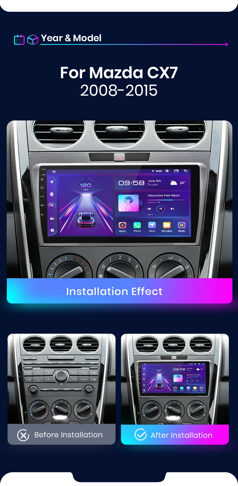 Junun carplay android auto autoradio für mazda CX-7 cx7 2008-2015 gps intelligente systeme tereo multimedia autoradio