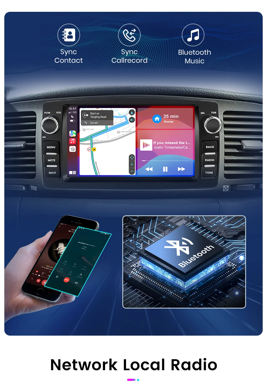 Junsun 7-Zoll-Autoradio für Toyota Corolla E120 2000–2006 BYD F3 Wireless CarPlay Android Auto 2 DIN Intelligentes Multimedia 4G