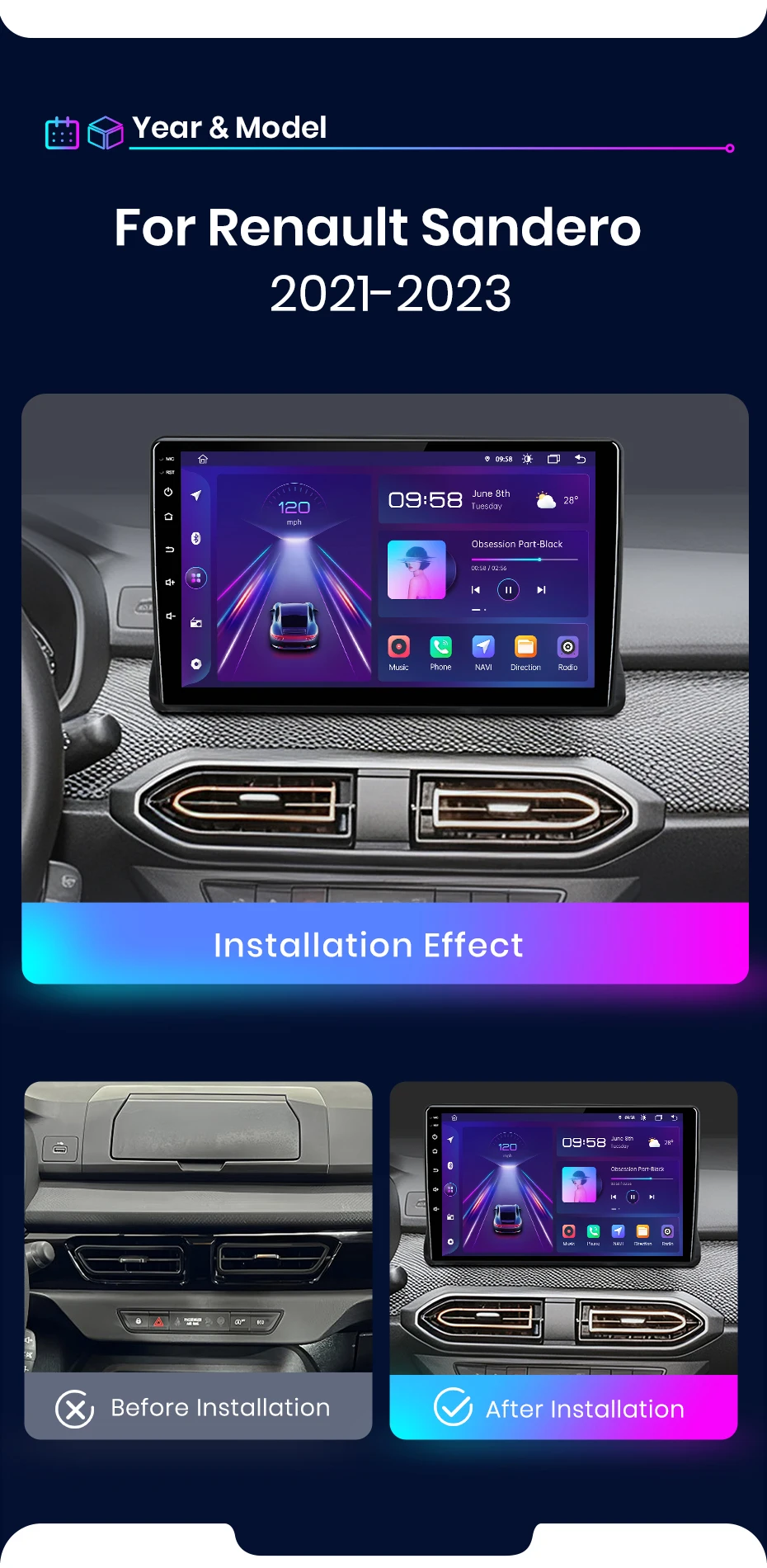 Junsun Wireless CarPlay Android Auto Radio für Renault Sandero 2021-2023 Auto-Intelligentes System RDS BT DSP 2-DIN-Autoradio
