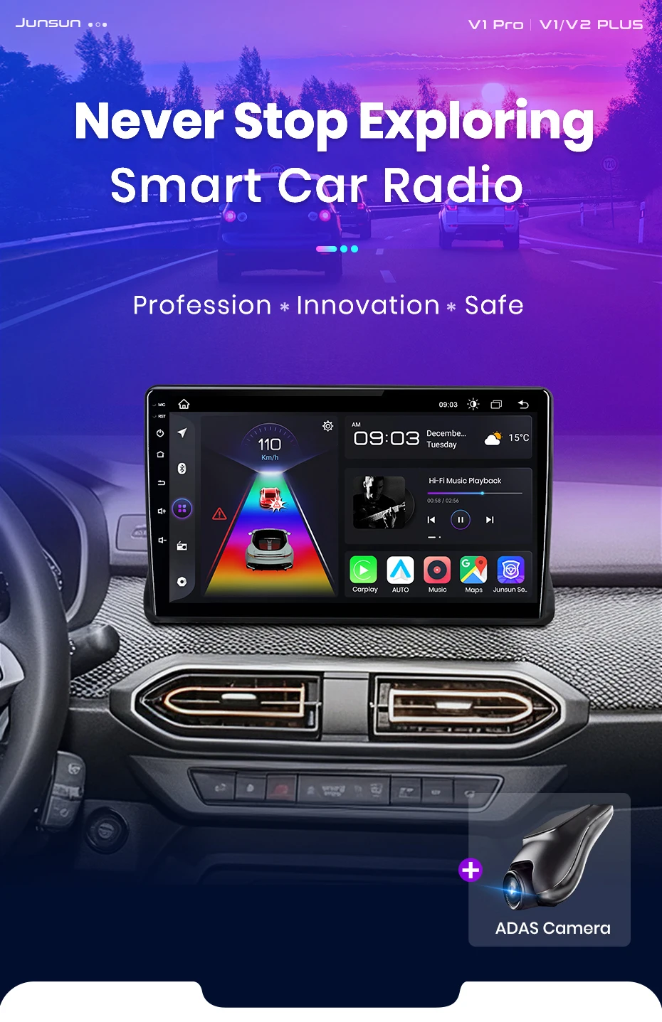 Junsun Wireless CarPlay Android Auto Radio für Renault Sandero 2021-2023 Auto-Intelligentes System RDS BT DSP 2-DIN-Autoradio