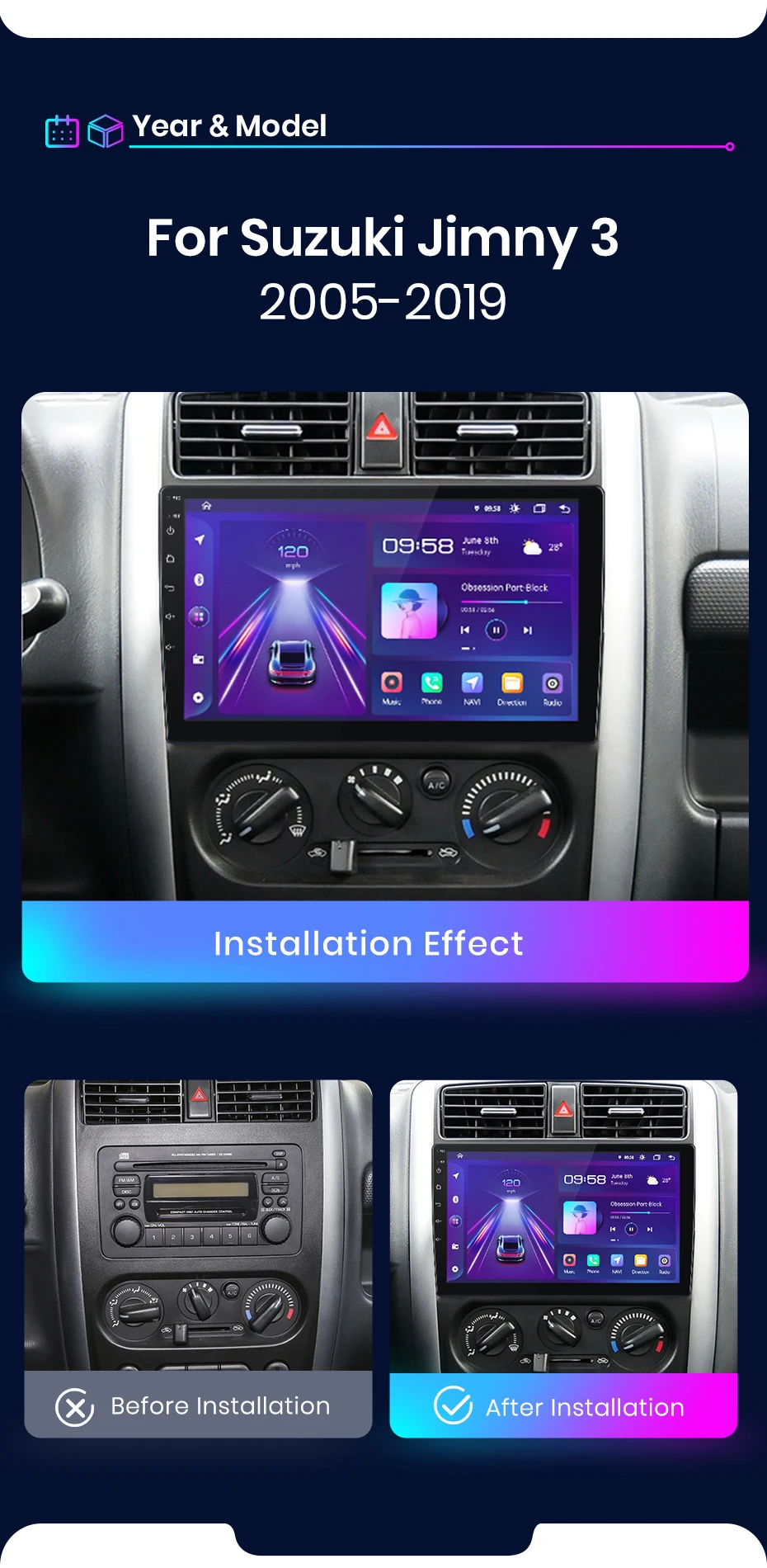 Junsun Wireless Carplay Android Auto Autoradio für Suzuki Jimny 3 2011-2016 GPS intelligente Systeme Stereo Multimedia Autoradio