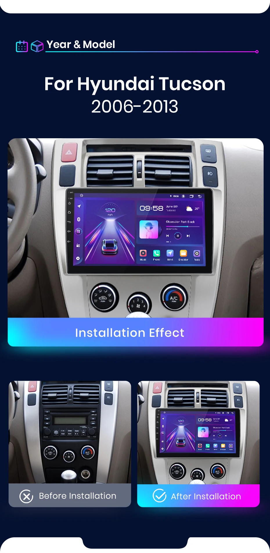 Junsun CarPlay Android Auto Autoradio für Hyundai Tucson 2006 2008-2013 GPS Intelligente Systeme Stereo Multimedia Autoradio