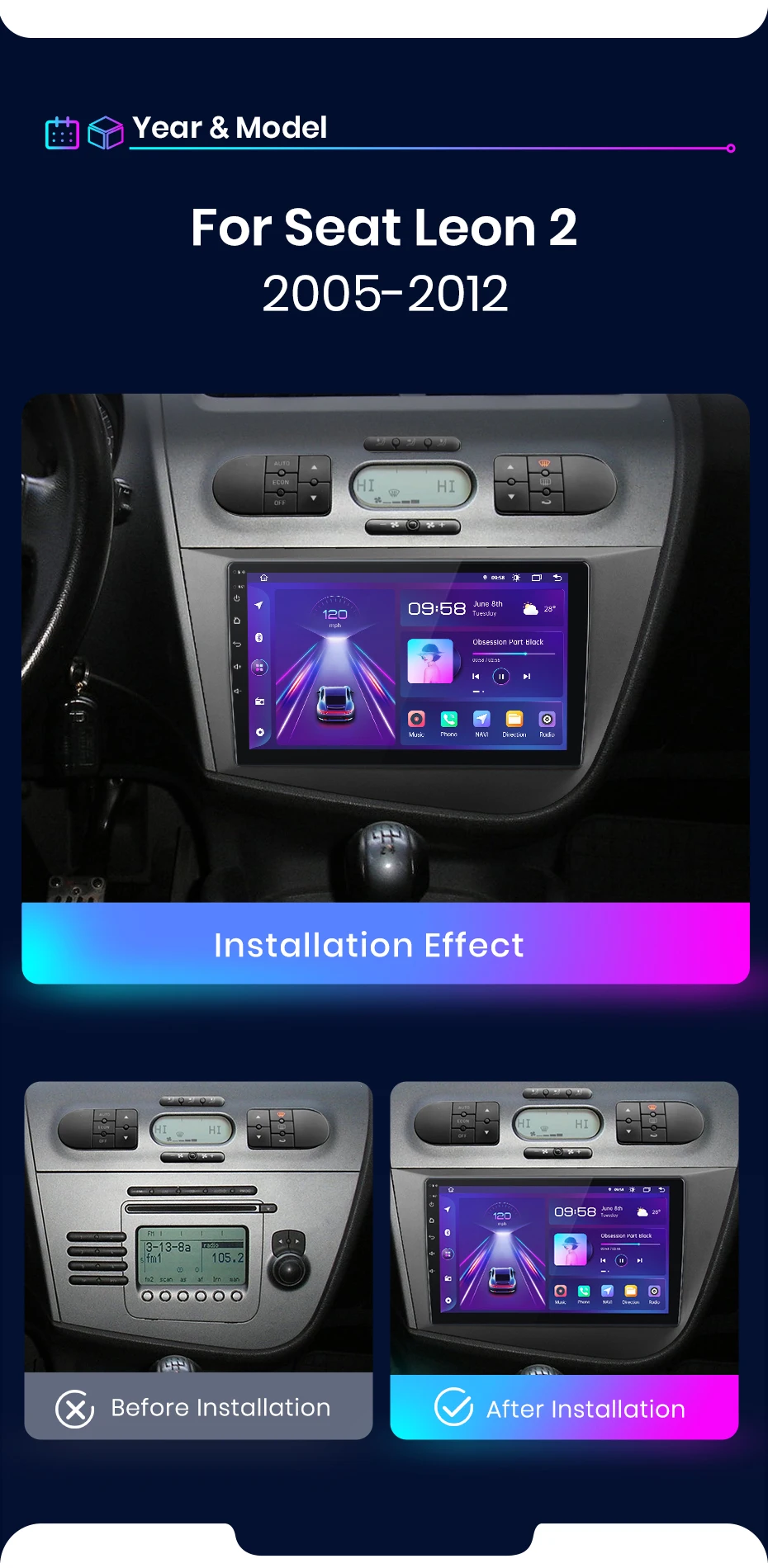 Junsun drahtloses Carplay Android Auto Autoradio für Ort Leon MK2 2007-2013 GPS intelligente Systeme Stereo Multimedia Autoradio