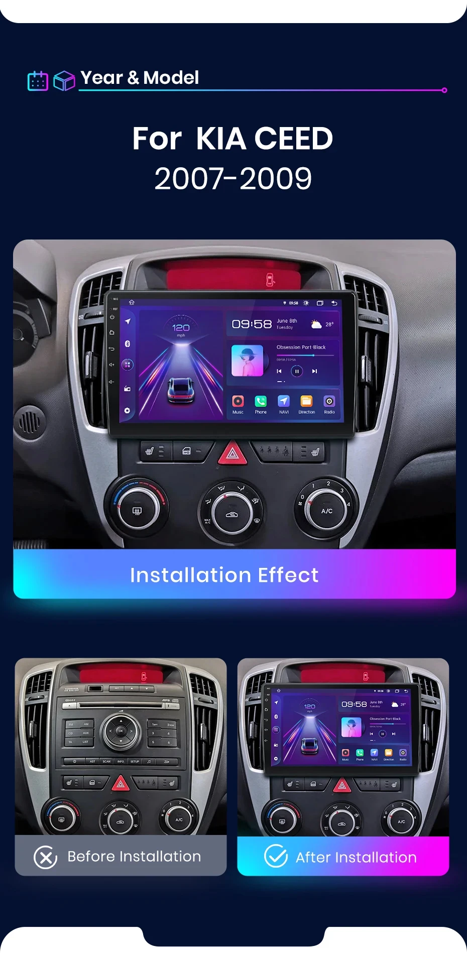 Junsun Wireless Carplay Android Auto Autoradio für Kia Ceed 2007-2009 GPS Multimedia 2 Din