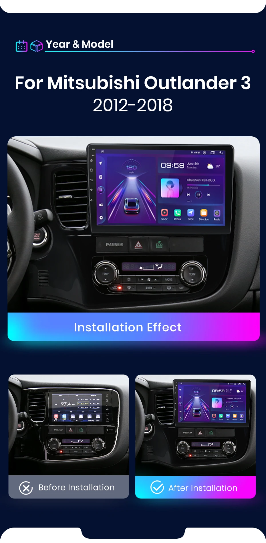 Junsun CarPlay Android Auto Autoradio für Mitsubishi Outlander 3 GF0W GG0W 2012–2018 GPS Intelligente Systeme Multimedia Autoradio