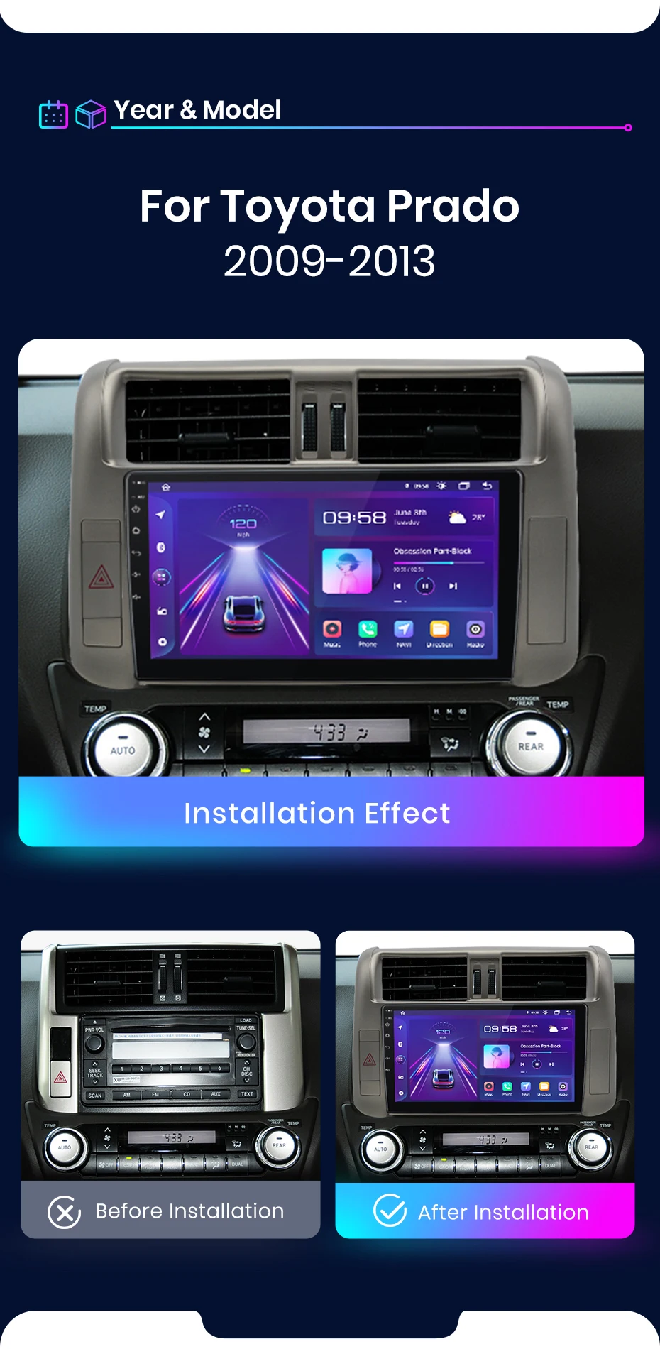 Junsun CarPlay Android Auto Autoradio für Toyota Land Cruiser Prado 150 2009-2013 GPS Intelligente Systeme Multimedia Autoradio