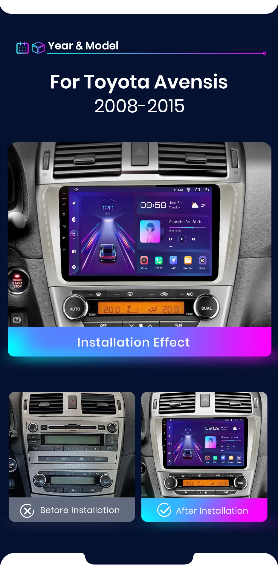 Junsun CarPlay Android Auto Autoradio für Toyota avwashed T27 2008-2015 GPS Intelligente Systeme Stereo Multimedia Auto