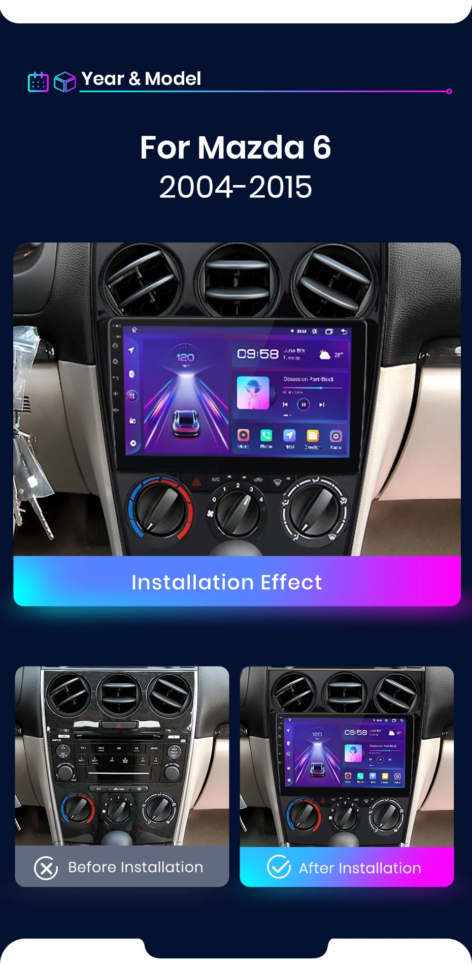 Junsun drahtloses Carplay Android Auto Autoradio für Mazda 6 2005 2006-2013 GPS intelligente Systeme Tereo Multimedia Autoradio