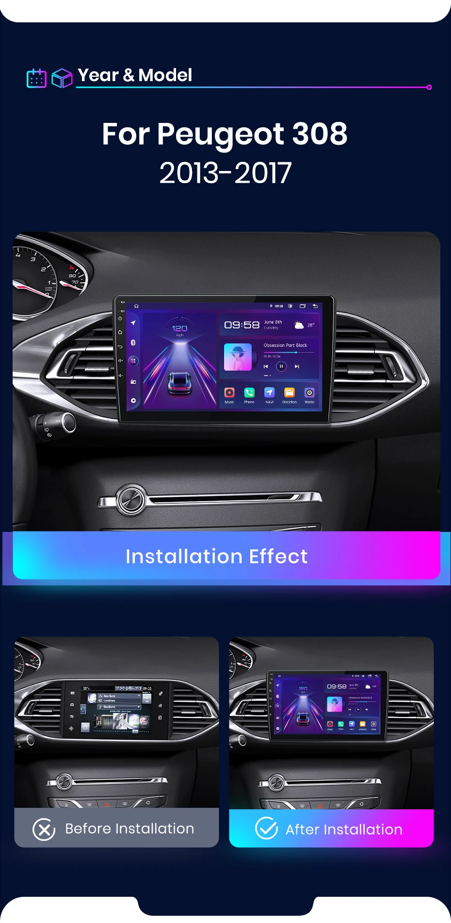 Junsun Wireless Carplay Android Auto Autoradio für Peugeot 308s-GPS Multimedia 2 Din