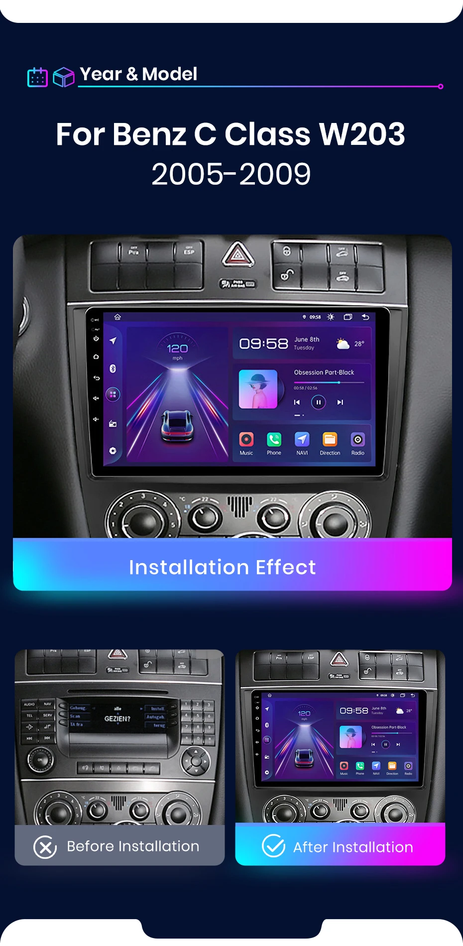 Junsun carplay android auto autoradio für benz c klasse w203 2005 2006-2009 gps intelligente systeme tereo multimedia autoradio