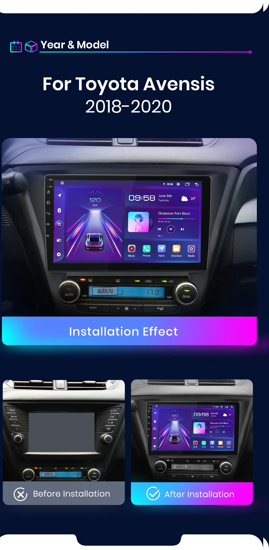 Junsun Wireless Carplay Android Auto Autoradio für Toyota Avens '2014-2018 GPS intelligente Systeme Stereo Multimedia Autoradio