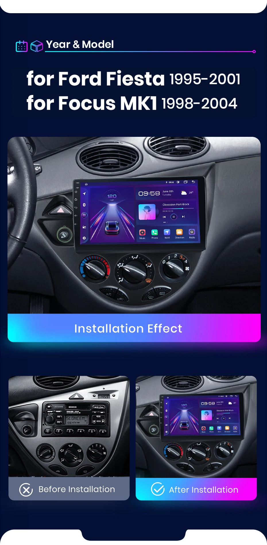Junsun drahtloses Carplay Android Auto Autoradio für Ford Fiesta 2011-2016 Fokus mk1 2013-2018 GPS Multimedia 2 din