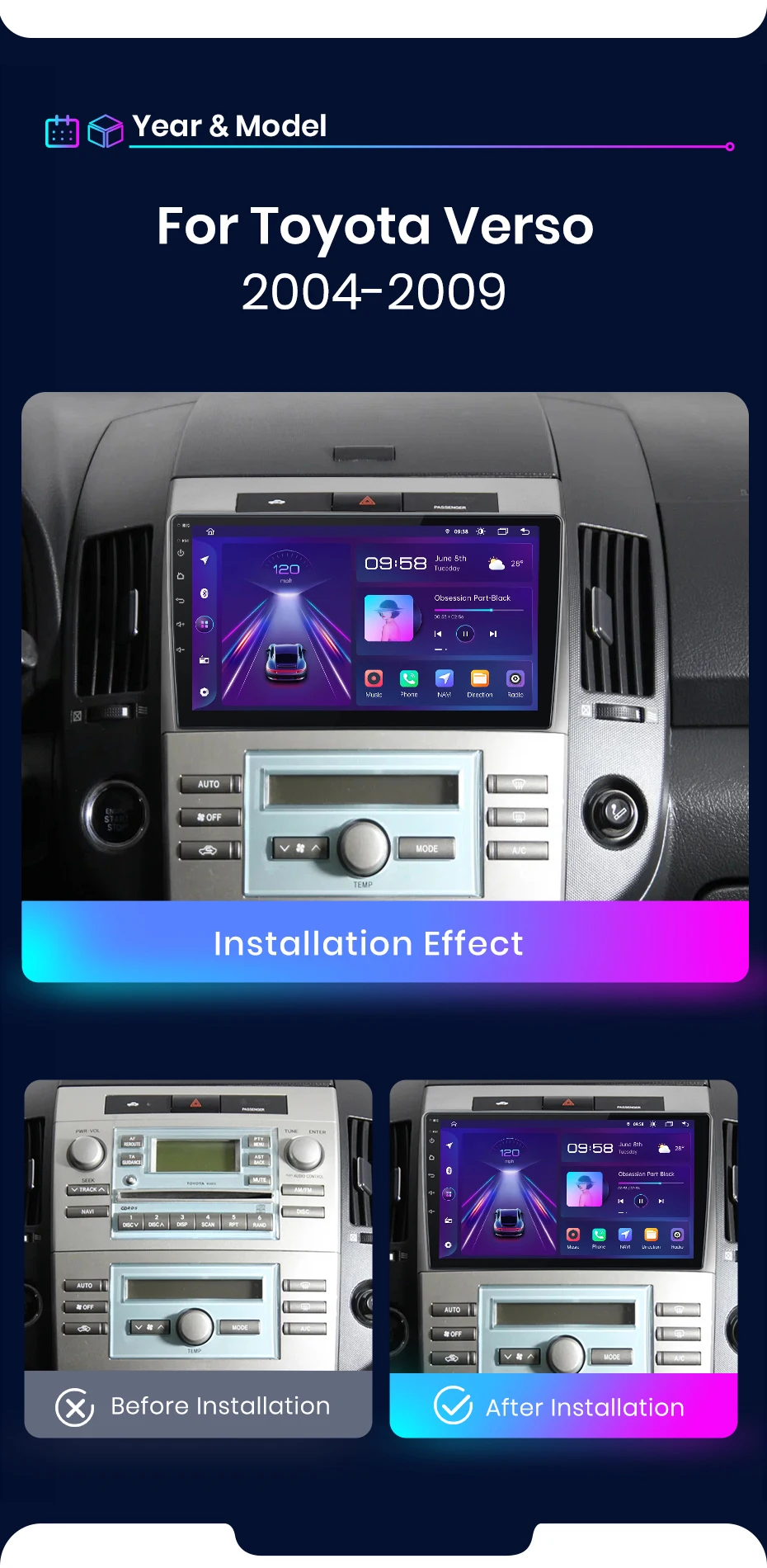 Junsun carplay android auto autoradio für toyota corolla verso 2008-2015 gps intelligente systeme tereo multimedia autoradio