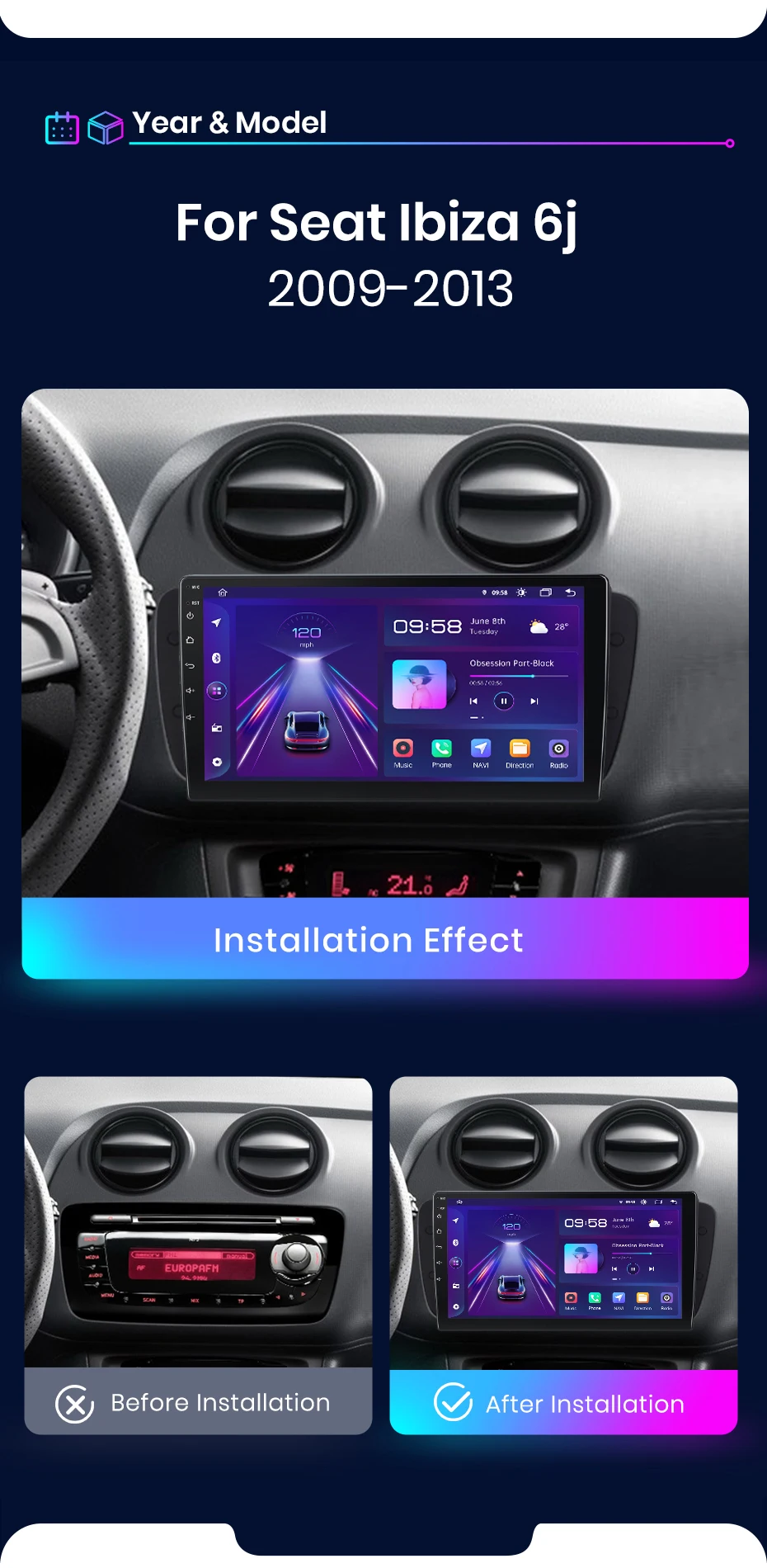 Junsun drahtloses Carplay Android Auto Autoradio für Sitz ibiza 6j 2009-2013 GPS intelligente Systeme Stereo Multimedia Autoradio