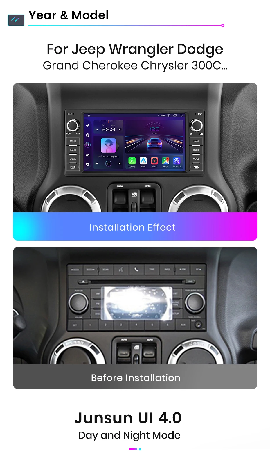 Junun Carplay Android Auto Autoradio für Jeep Wangler Dodge Grand Cherokee Chrysler 300c Patriot Kommando Kaliber Heraus forderer