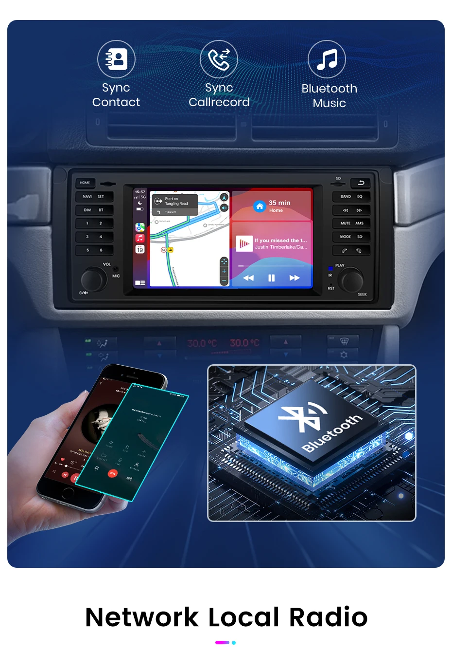 Junsun Wireless CarPlay Android Auto Autoradio für BMW 5er E39 X5 E53 m51996-2003 GPS Intelligente Systeme Stereo Multimed
