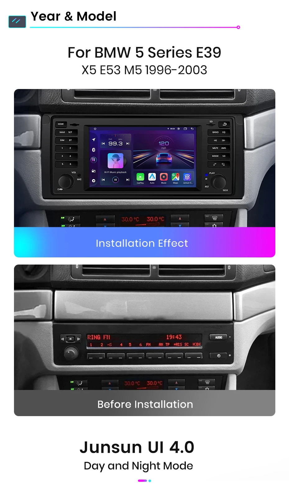 Junsun Wireless CarPlay Android Auto Autoradio für BMW 5er E39 X5 E53 m51996-2003 GPS Intelligente Systeme Stereo Multimed