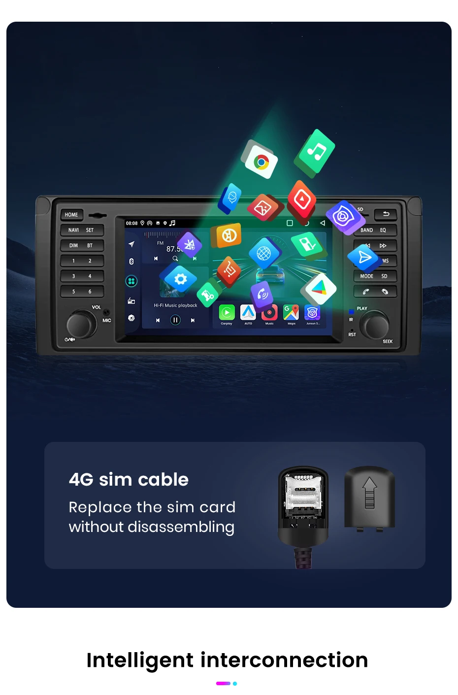 Junsun Wireless CarPlay Android Auto Autoradio für BMW 5er E39 X5 E53 m51996-2003 GPS Intelligente Systeme Stereo Multimed