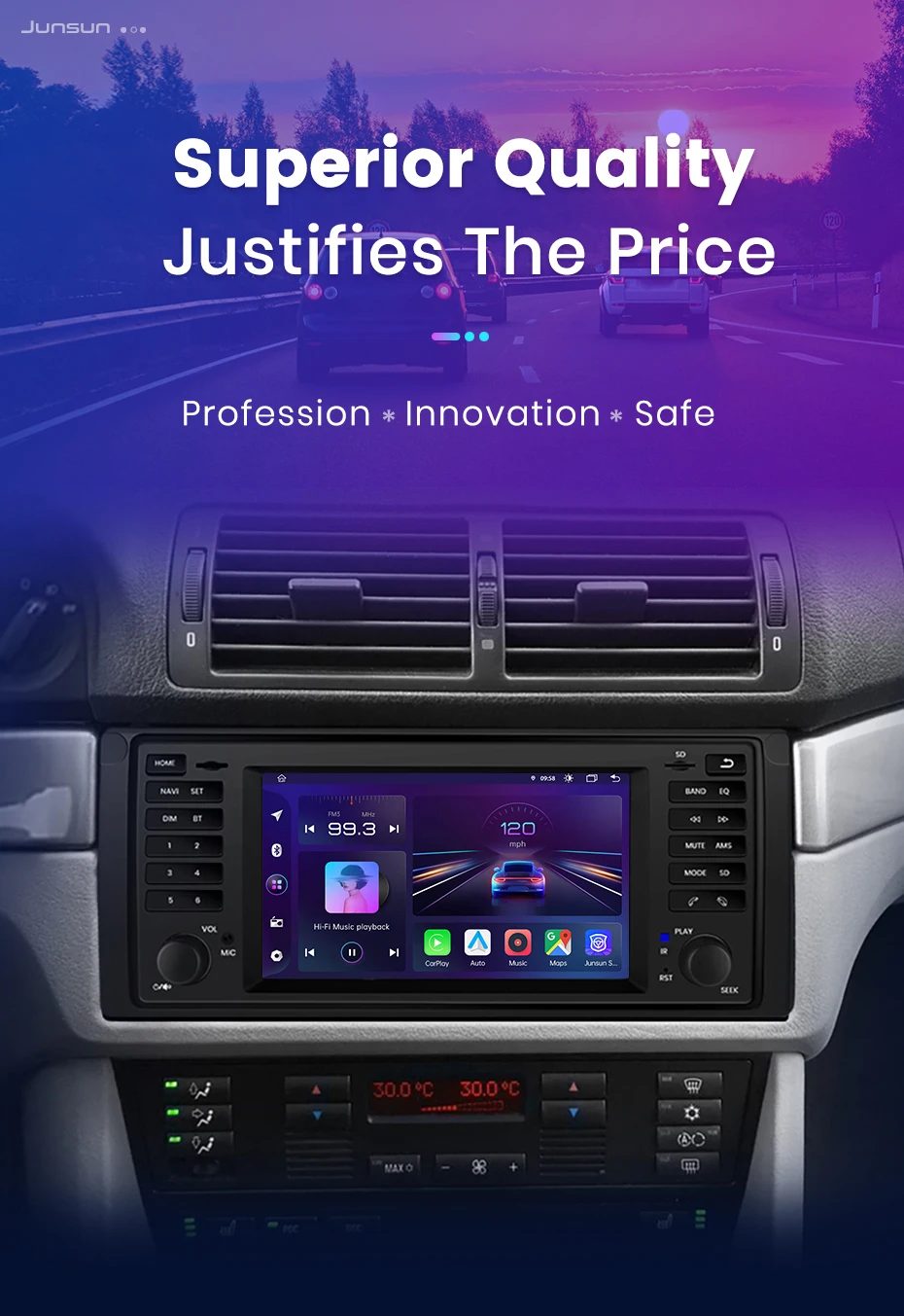 Junsun Wireless CarPlay Android Auto Autoradio für BMW 5er E39 X5 E53 m51996-2003 GPS Intelligente Systeme Stereo Multimed