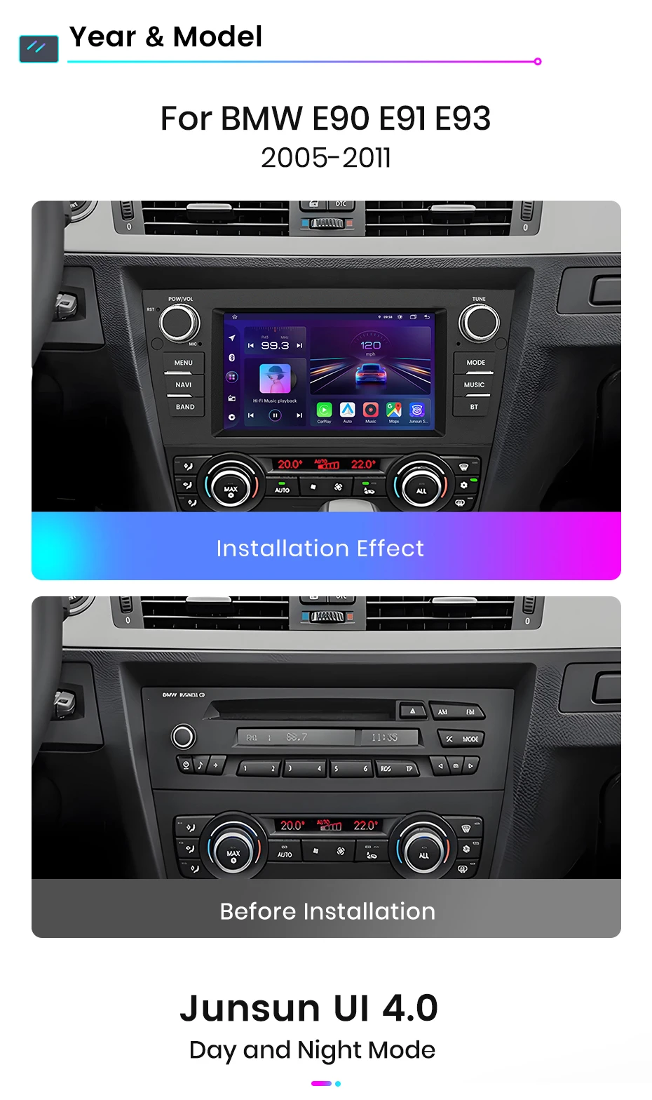 Junsun 7-Zoll-Autoradio für BMW E90 E91 E92 E93 2006 2007–2012 Wireless CarPlay Android Auto 2 DIN Intelligentes Multimedia 4G Junsun 7-Zoll-Autoradio für BMW E90 E91 E92 E93 2006 2007–2012 Wireless CarPlay Android Auto 2 DIN Intelligentes Multimedia 4G
