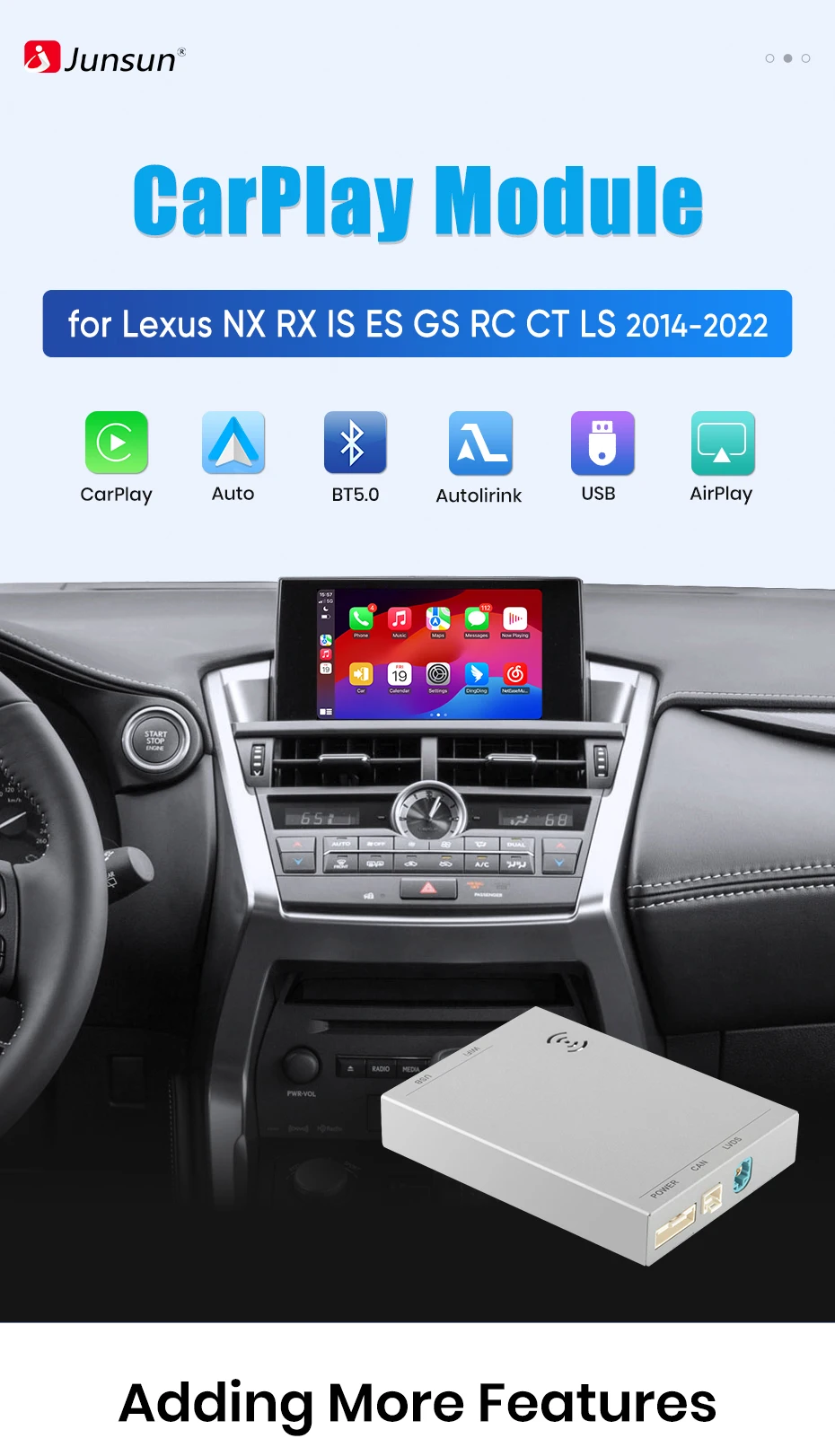 Junsun Wireless CarPlay Android Auto Interface Adapter für Lexus NX RX IS ES GS RC CT LS 2014-2019 AirPlay Mirror Link Funktionen