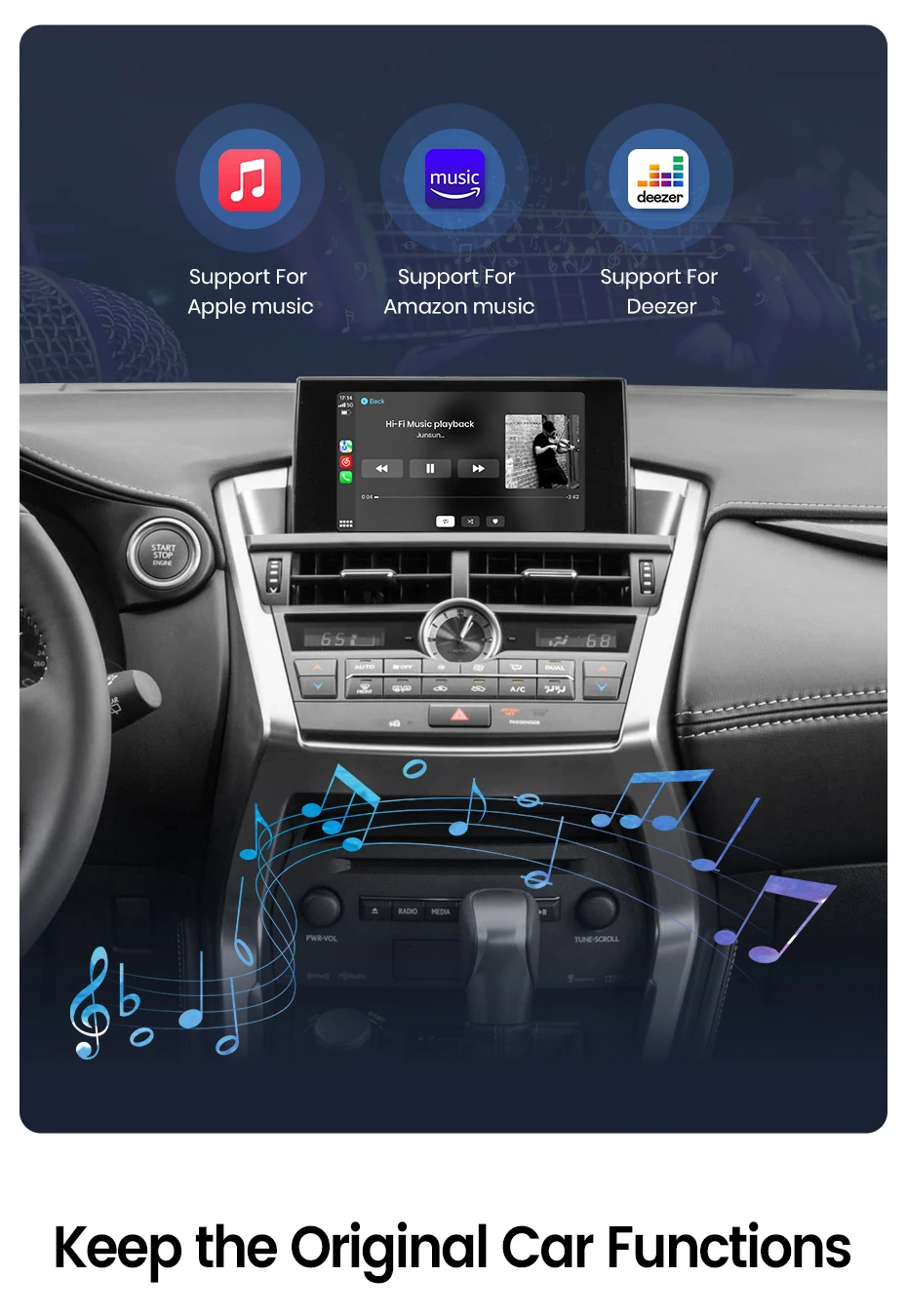Junsun Wireless CarPlay Android Auto Interface Adapter für Lexus NX RX IS ES GS RC CT LS 2014-2019 AirPlay Mirror Link Funktionen