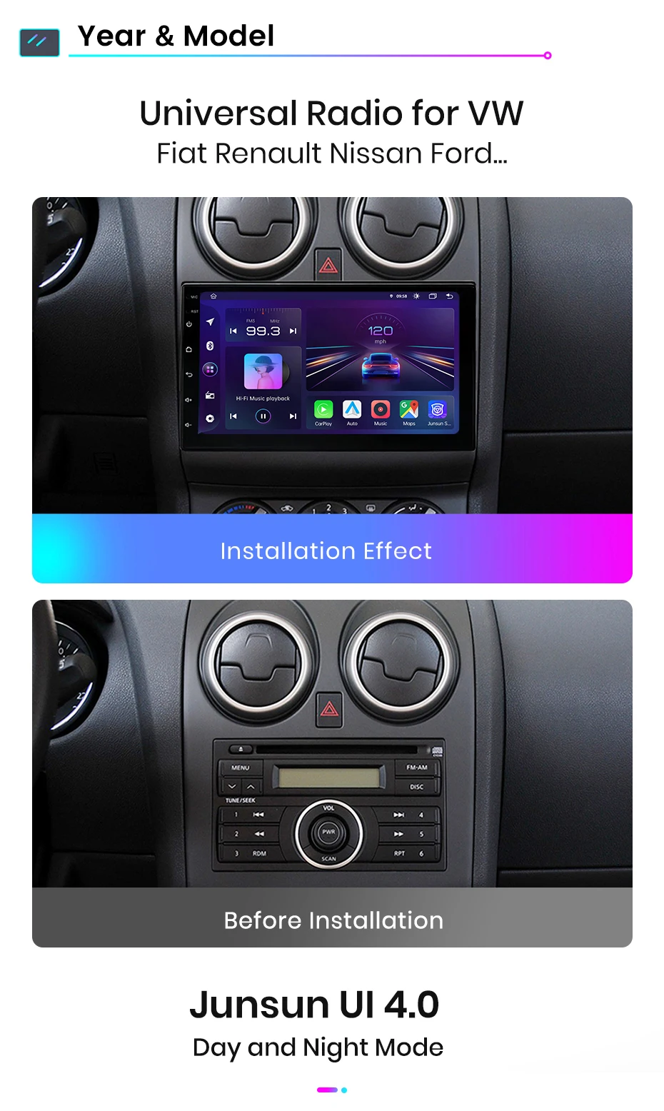 Junsun carplay android auto autoradio für vw volk roots fiat renault nissan hyundaigps intelligente systeme multimedia autoradio