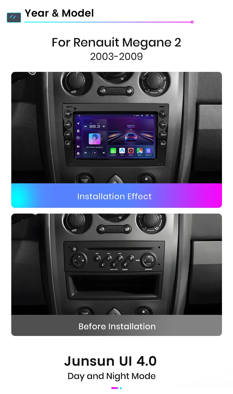 Junsun carplay android auto autoradio für renault megane 2 2005 2009 2006-2018 gps intelligente systeme multimedia autoradio