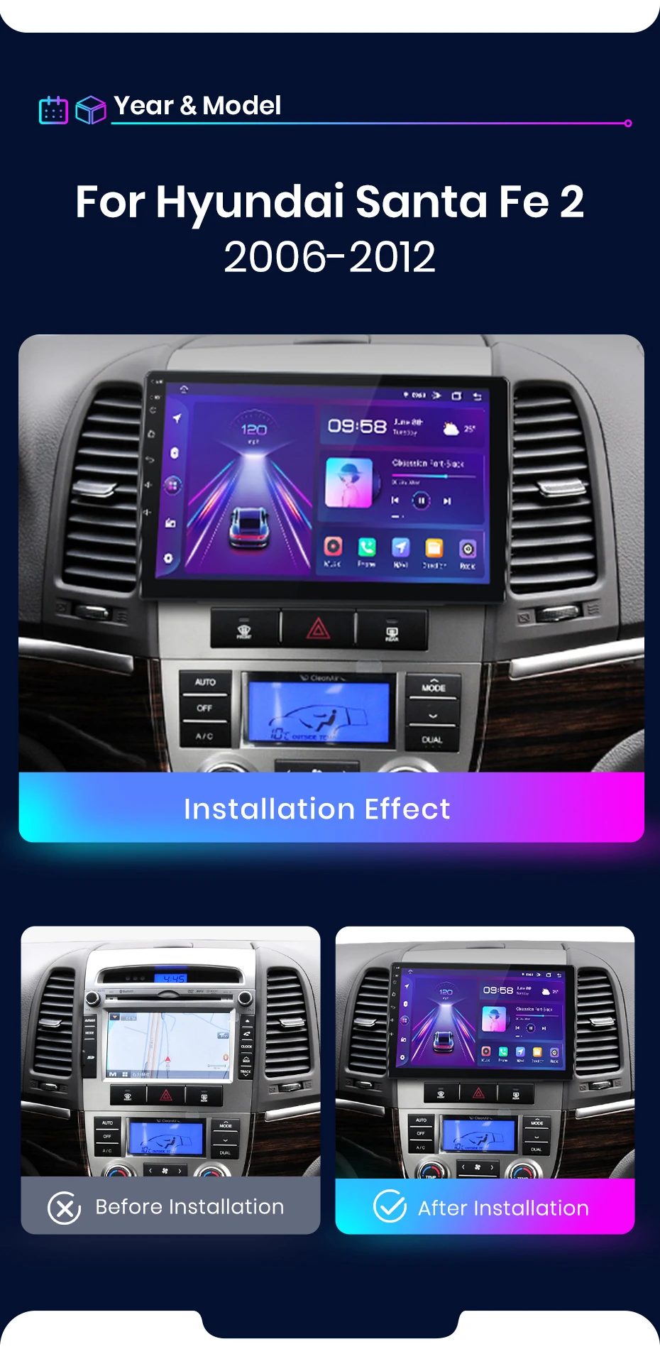 Junsun carplay android auto autoradio für hyundai santa fe 2 2007 2006-2015 gps intelligente systeme stereo multimedia autoradio