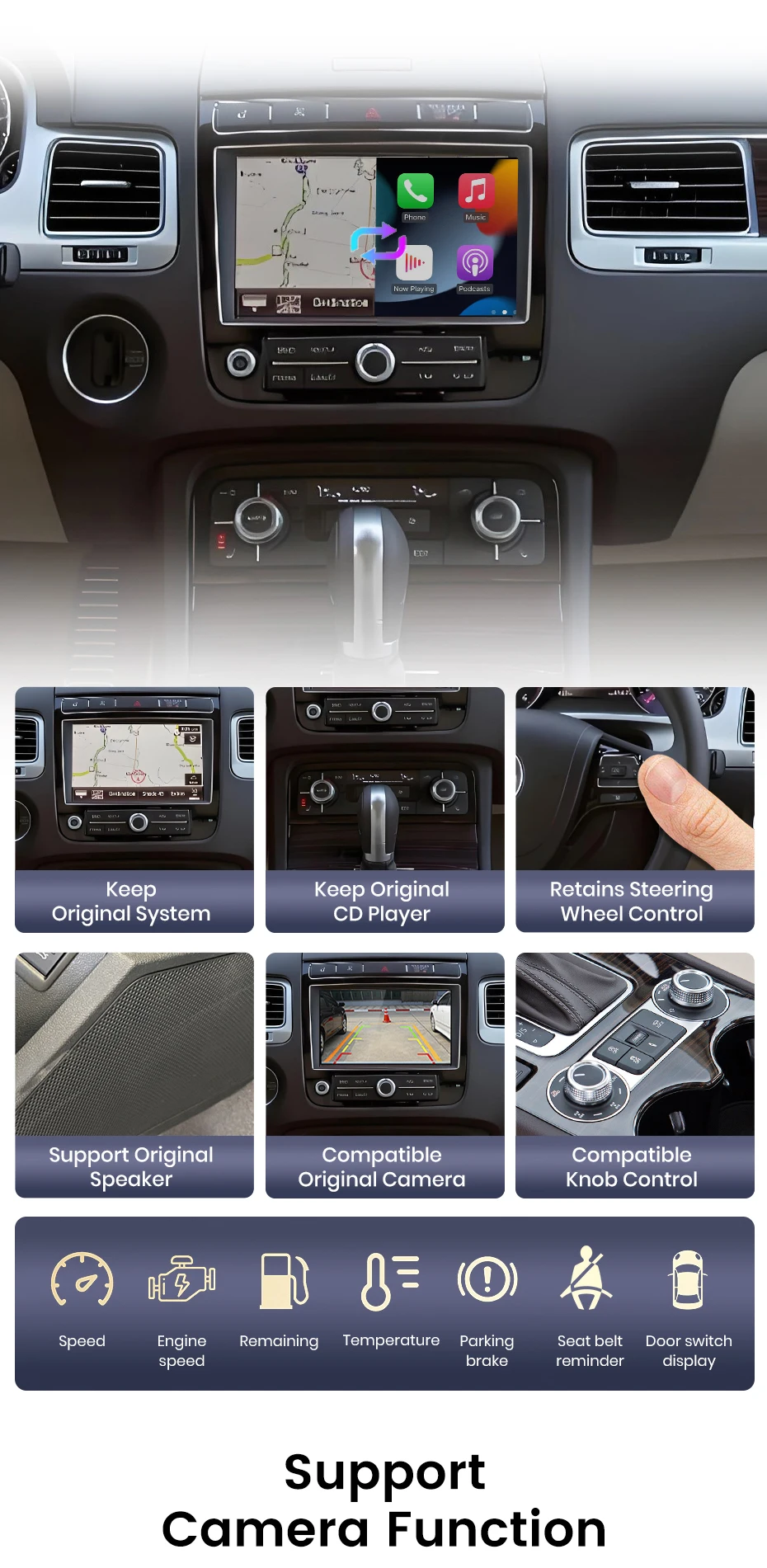 Junsun Wireless CarPlay Interface für Volkswagen Touareg RNS850 2010-2018 mit Android Auto Sprachsteuerung, Mirror Link und Kamera