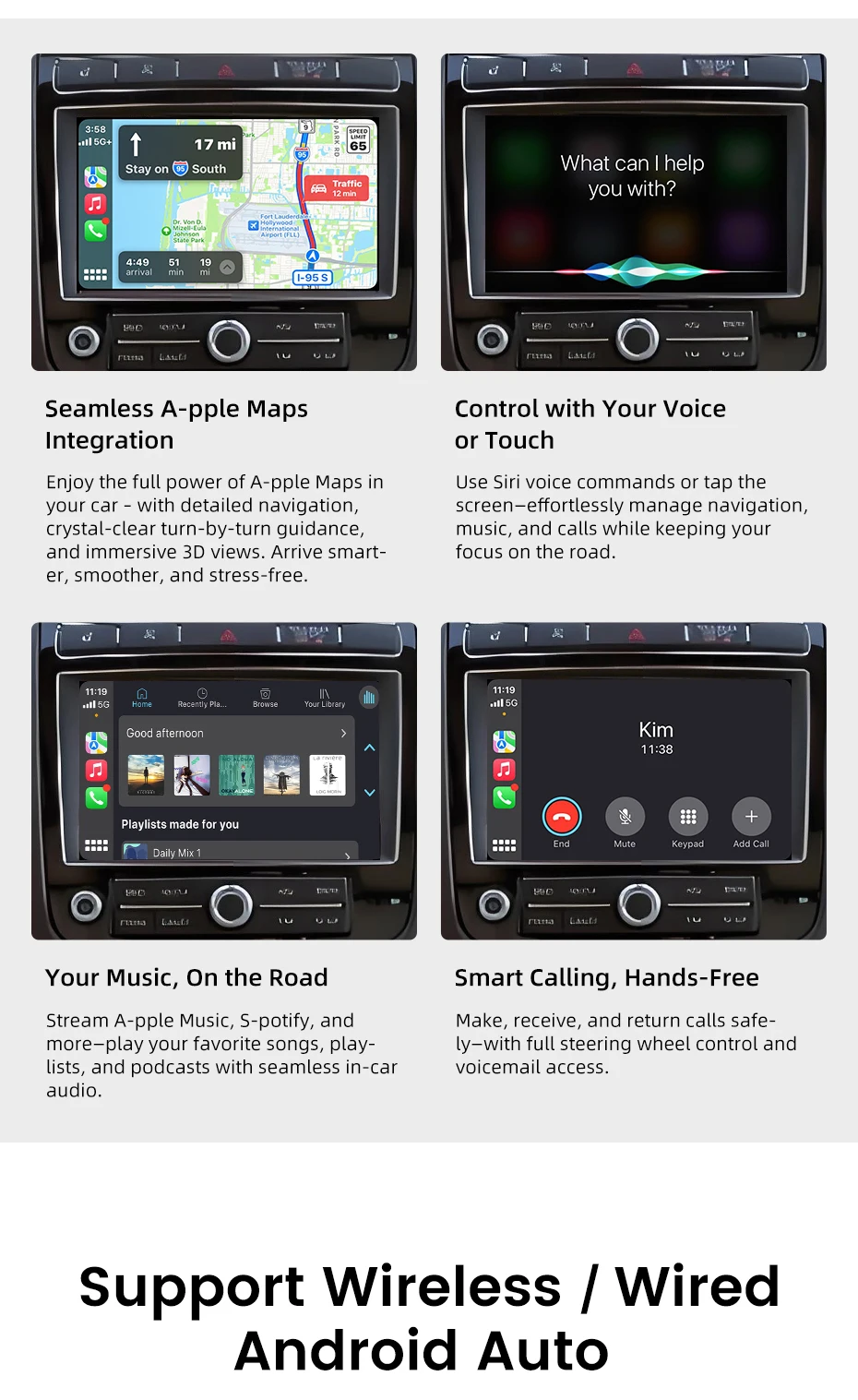 Junsun Wireless CarPlay Interface für Volkswagen Touareg RNS850 2010-2018 mit Android Auto Sprachsteuerung, Mirror Link und Kamera