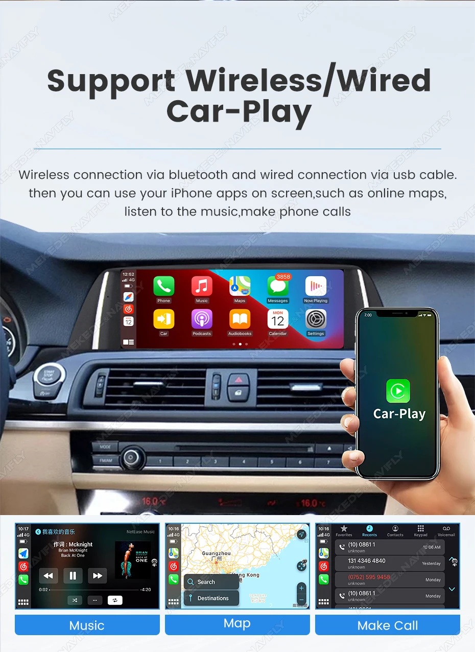 1920*720 Multimedia-Display-Bildschirm, kabelloses CarPlay, Android Auto für BMW 5er F10 F11 2012-2017, WIFI, BT, Airplay, Mirror Link