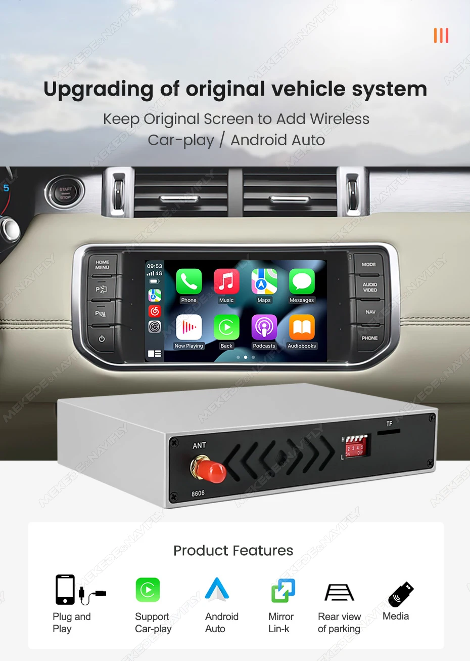 MEKEDE Drahtlose Carplay BOX Für Land Rover Jaguar Range Rover Evoque Discovery GPS Spiegel Link Sir Sprachsteuerung Android Auto